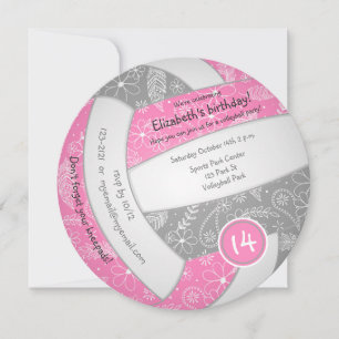 pink grey boho doodle volleyball sports birthday announcement