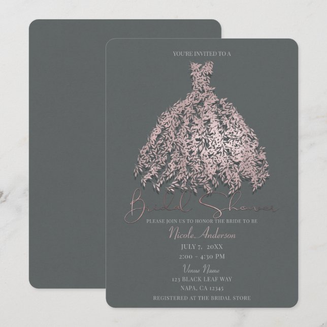 Pink & Grey Botanical Leaves Dress Bridal Shower Invitation (Front/Back)