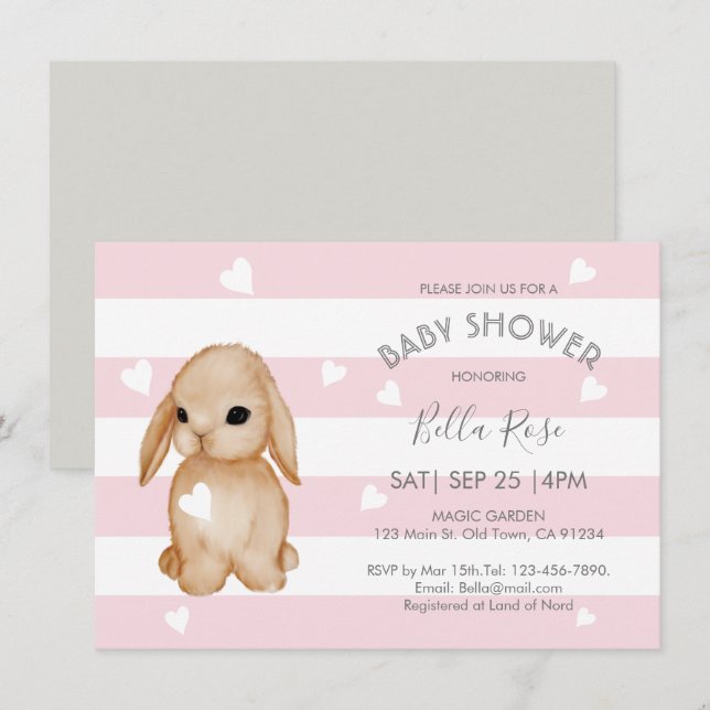 Pink Grey Bunny Baby Shower Invitations (Front/Back)