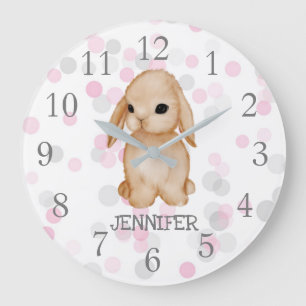 Pink Grey Bunny Nursery Decor Wall Clock