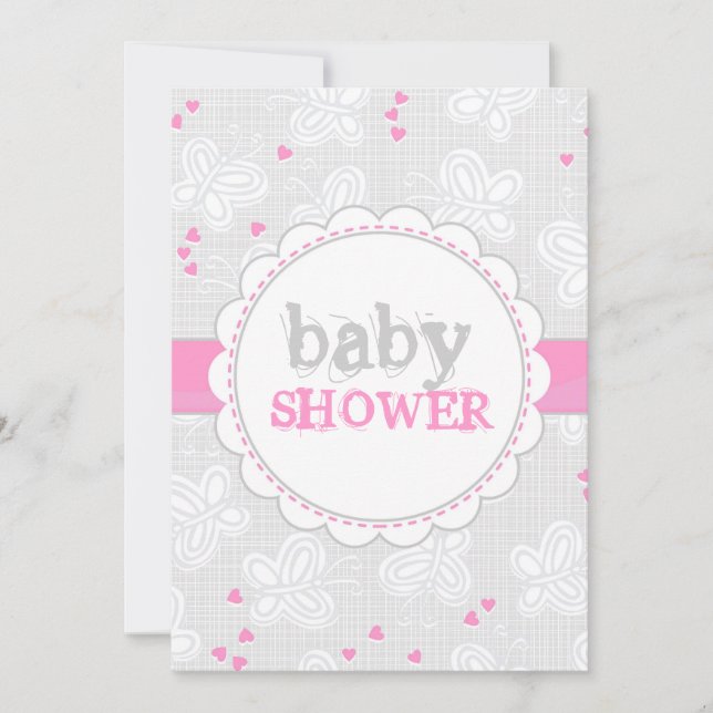 pink grey butterflies baby shower invitation (Front)