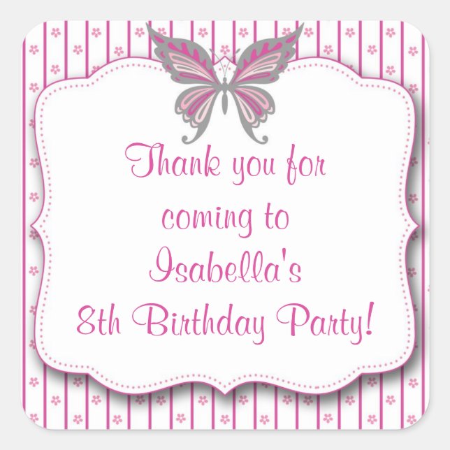Pink & Grey Butterfly Birthday Party Favour Sticke Square Sticker (Front)