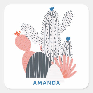 Pink grey cactus. Modern abstract cacti succulent Square Sticker