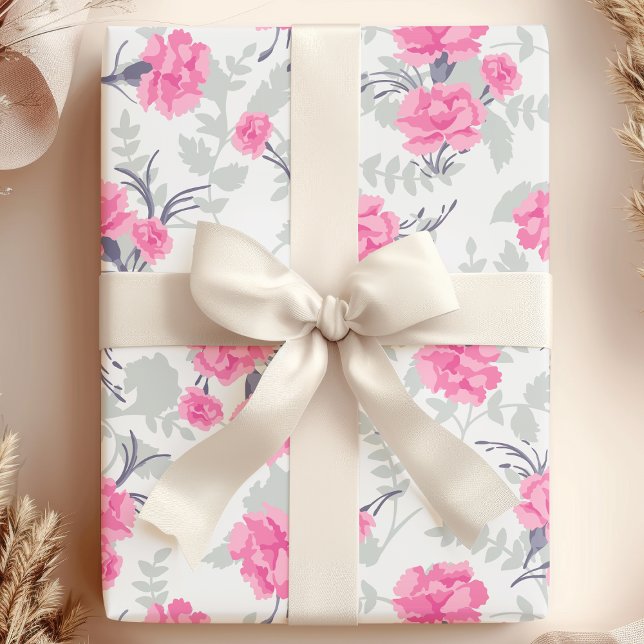 Pink & Grey Carnation Floral Wrapping Paper (Creator Uploaded)