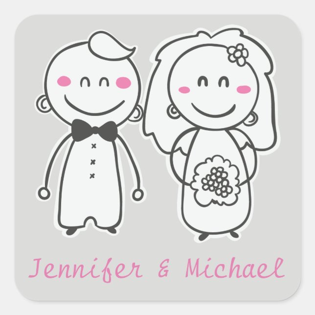 Pink & Grey Cartoon Bride And Groom Sticker / Seal (Front)