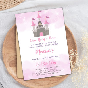 Pink Grey Castle Princess Birthday Invitations