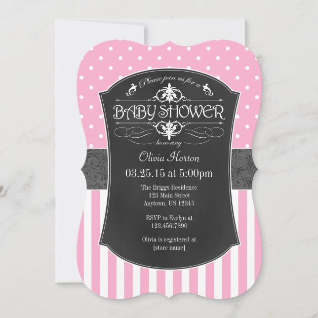 Pink Grey Chalkboard Stripes Baby Shower Invite (Front)