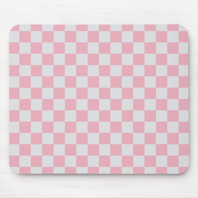 Pink + Grey Check Chequered Chequerboard Pattern Mouse Mat (Front)