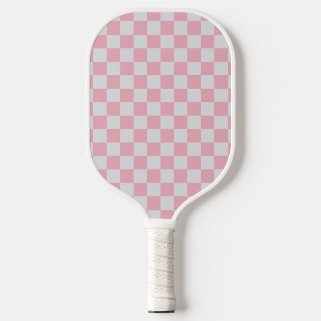 Pink + Grey Check Chequered Chequerboard Pattern Pickleball Paddle (Front)
