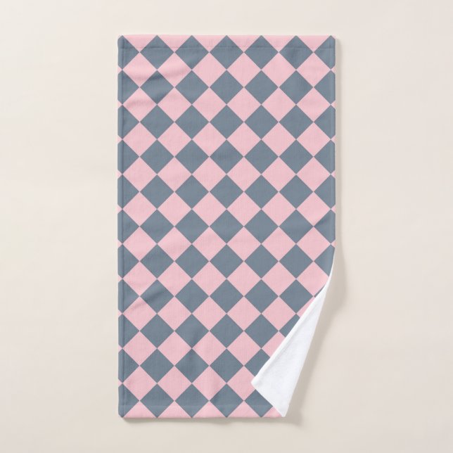 Pink Grey Chequered Diamond Pattern  Hand Towel (Hand Towel)
