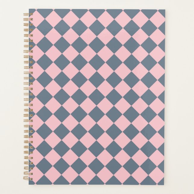 Pink Grey Chequered Diamond Pattern  Planner (Front)