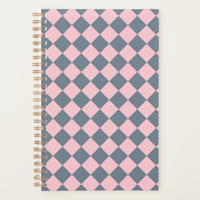 Pink Grey Chequered Diamond Pattern  Planner (Front)