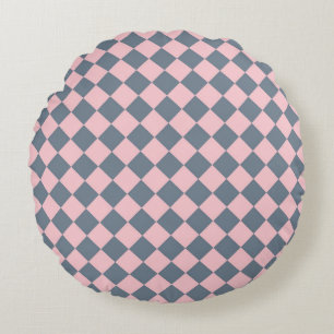 Pink Grey Chequered Diamond Pattern  Round Cushion