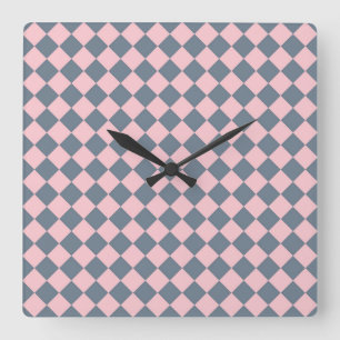 Pink Grey Chequered Diamond Pattern Square Wall Clock