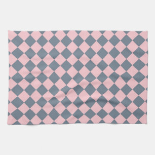 Pink Grey Chequered Diamond Pattern Tea Towel