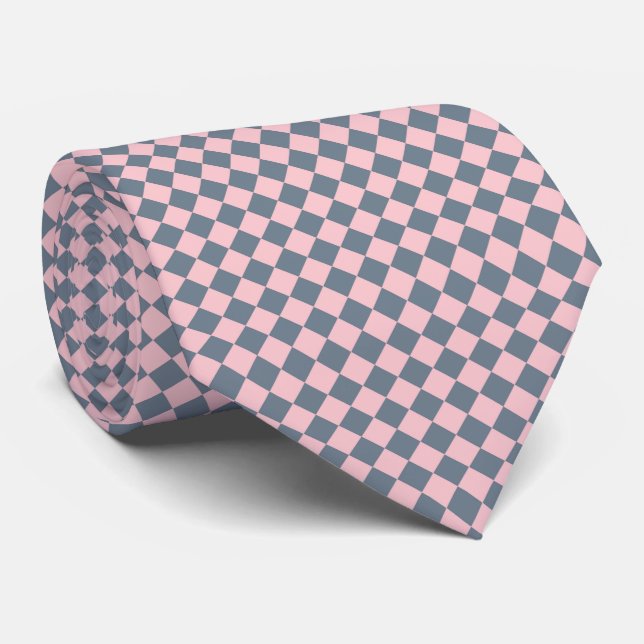 Pink Grey Chequered Diamond Pattern Tie (Rolled)