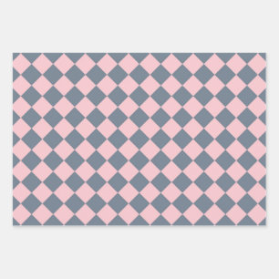 Pink Grey Chequered Diamond Pattern Wrapping Paper Sheet