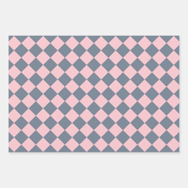 Pink Grey Chequered Diamond Pattern Wrapping Paper Sheet (Front)