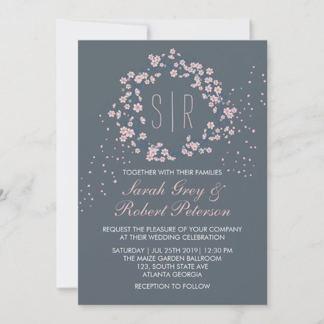Pink Grey Cherry Blossom Floral Wedding Invitation (Front)