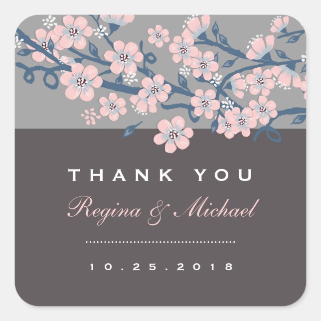Pink Grey Cherry Blossom Floral Wedding Sticker (Front)