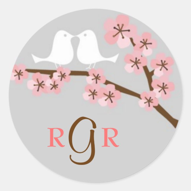 Pink & Grey Cherry Blossom Spring Wedding Classic Round Sticker (Front)