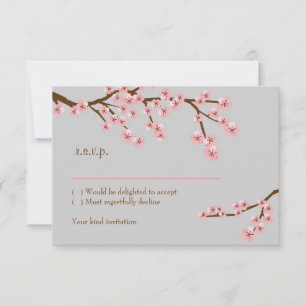 Pink & Grey Cherry Blossom Spring Wedding RSVP Card