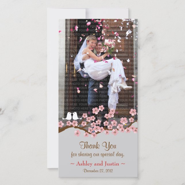 Pink & Grey Cherry Blossom Spring Wedding Thank You Card (Front)