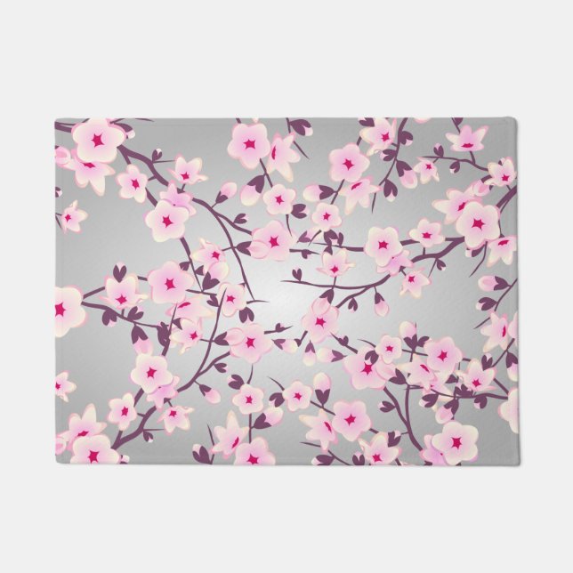 Pink Grey Cherry Blossoms Floral Doormat (Front)