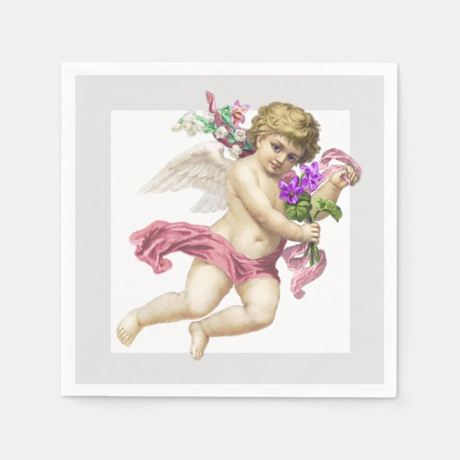 Pink Grey Cherub Angel Paper Napkin (Front)