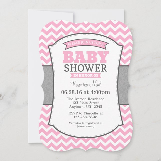 Pink Grey Chevron Baby Shower Invitation (Front)