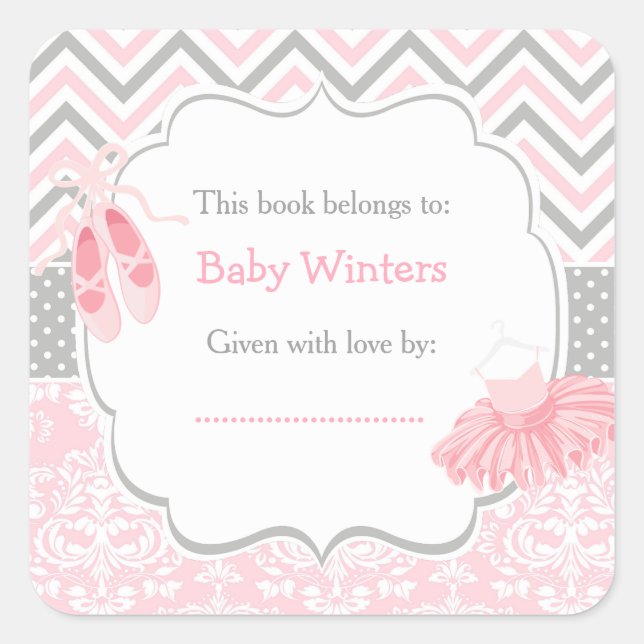 Pink/Grey Chevron Ballerina Baby Shower Bookplate Square Sticker (Front)