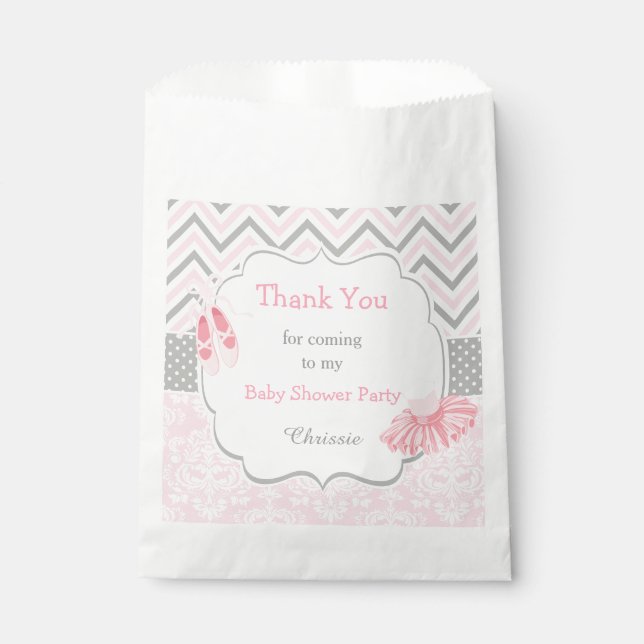 Pink & Grey Chevron Ballerina Baby Shower Favour Bags (Front)