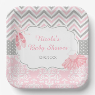 Pink & Grey Chevron Ballerina Baby Shower Paper Plate