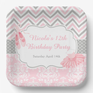 Pink & Grey Chevron Ballerina Birthday Paper Plate
