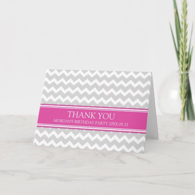 Pink Grey Chevron Birthday Party Thank You Card (Front)