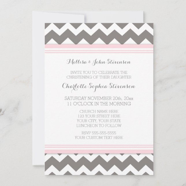 Pink Grey Chevron Christening Invitation (Back)