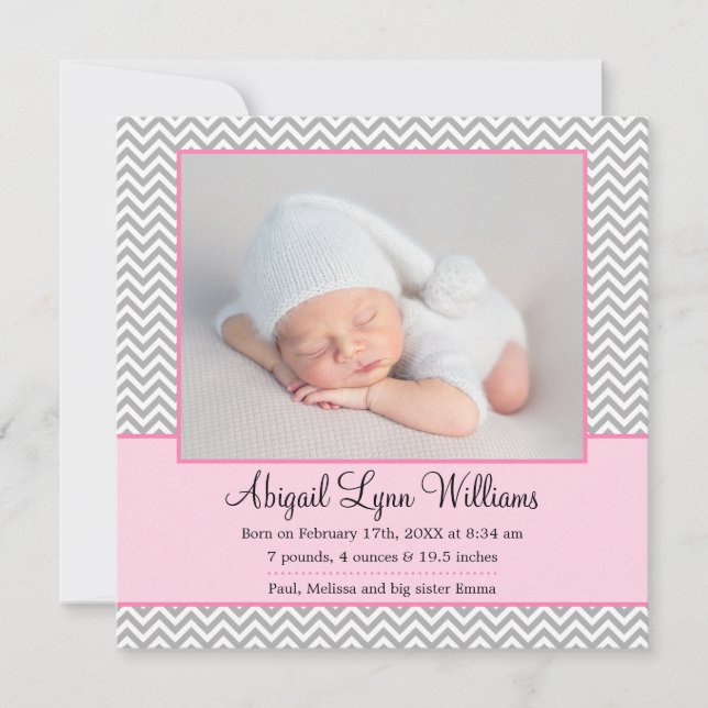 Pink Grey Chevron Girl Photo Birth Announcement (Front)