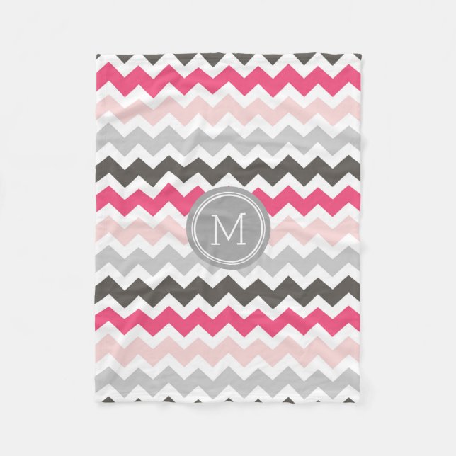 Pink Grey Chevron Pattern Monogram Blanket (Front)