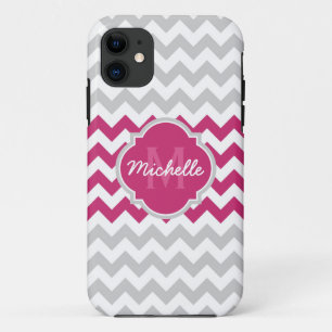 Pink Grey Chevron Pattern Quatrefoil Monogram iPhone 11 Case