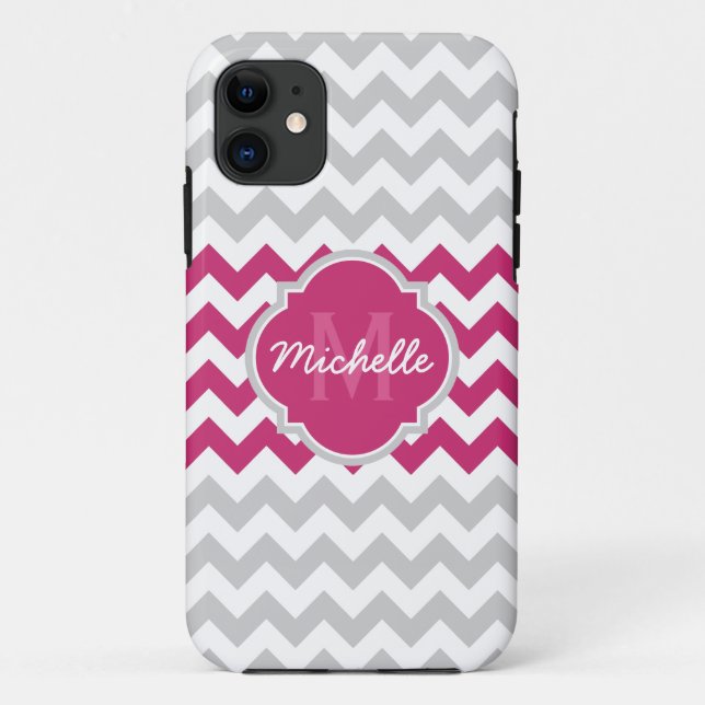 Pink Grey Chevron Pattern Quatrefoil Monogram Case-Mate iPhone Case (Back)
