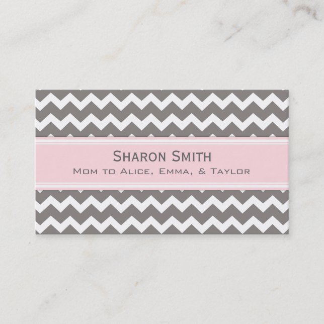 Pink Grey Chevron Retro Mum Calling Cards (Front)