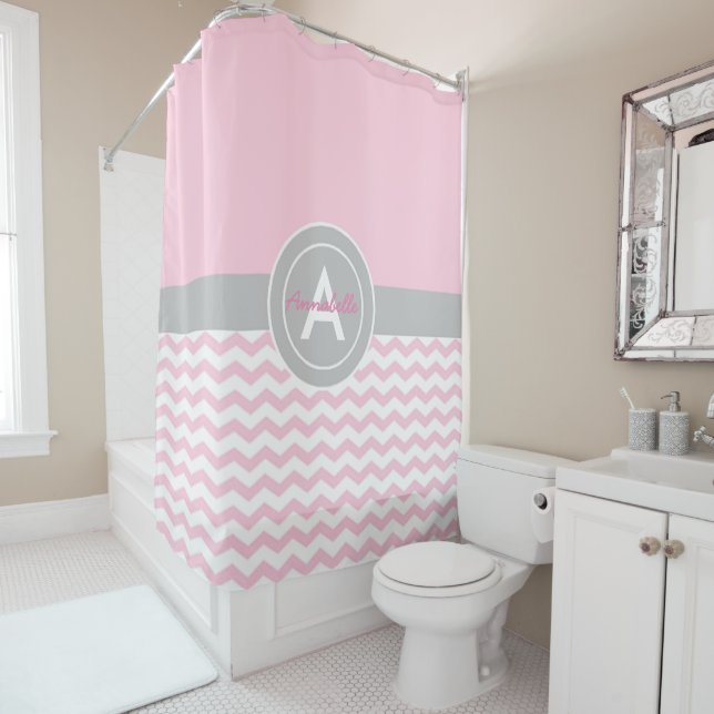 Pink Grey Chevron Shower Curtain (In Situ)