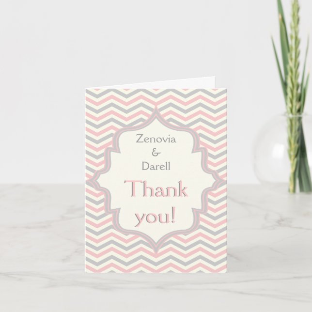 Pink, grey chevron zigzag wedding Thank You photo (Front)