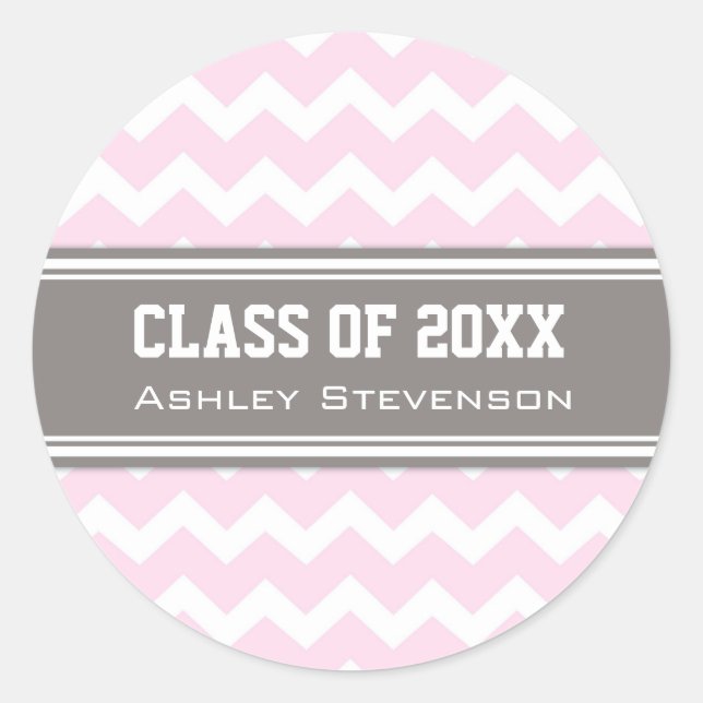 Pink Grey Chevrons Graduation Custom Name Classic Round Sticker (Front)
