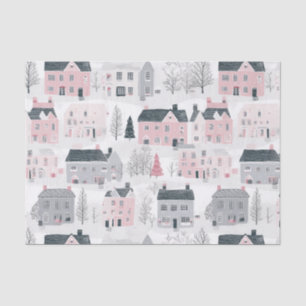Pink Grey Christmas Houses on White Tissue Paper