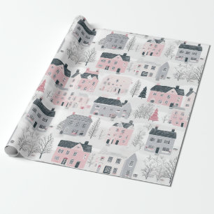 Pink Grey Christmas Houses on White Wrapping Paper
