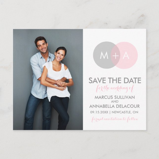Pink & Grey Circle Monogram Save the Date Postcard (Front)