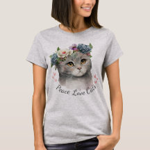 Pink Grey colour peace love Cat T-Shirt for women