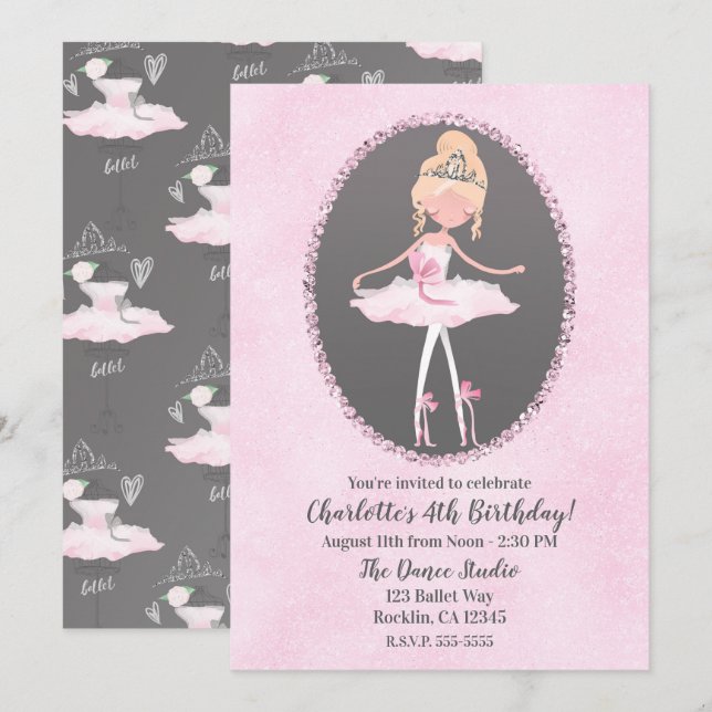 Pink & Grey Couture Ballerina Birthday Party Invitation (Front/Back)