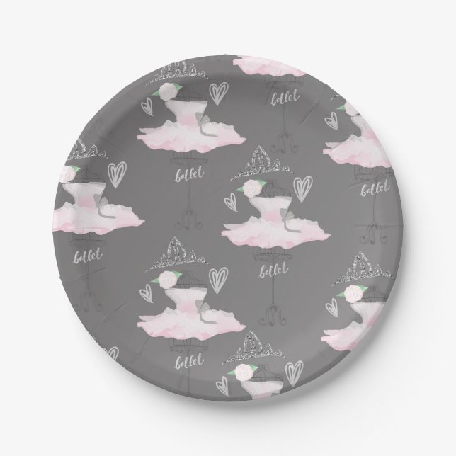 Pink & Grey Couture Ballerina Birthday Party Paper Plate (Front)
